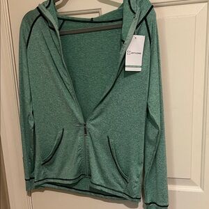 Light Teal Hooded Zip Front Sweatshirt with Black Contrast Trim